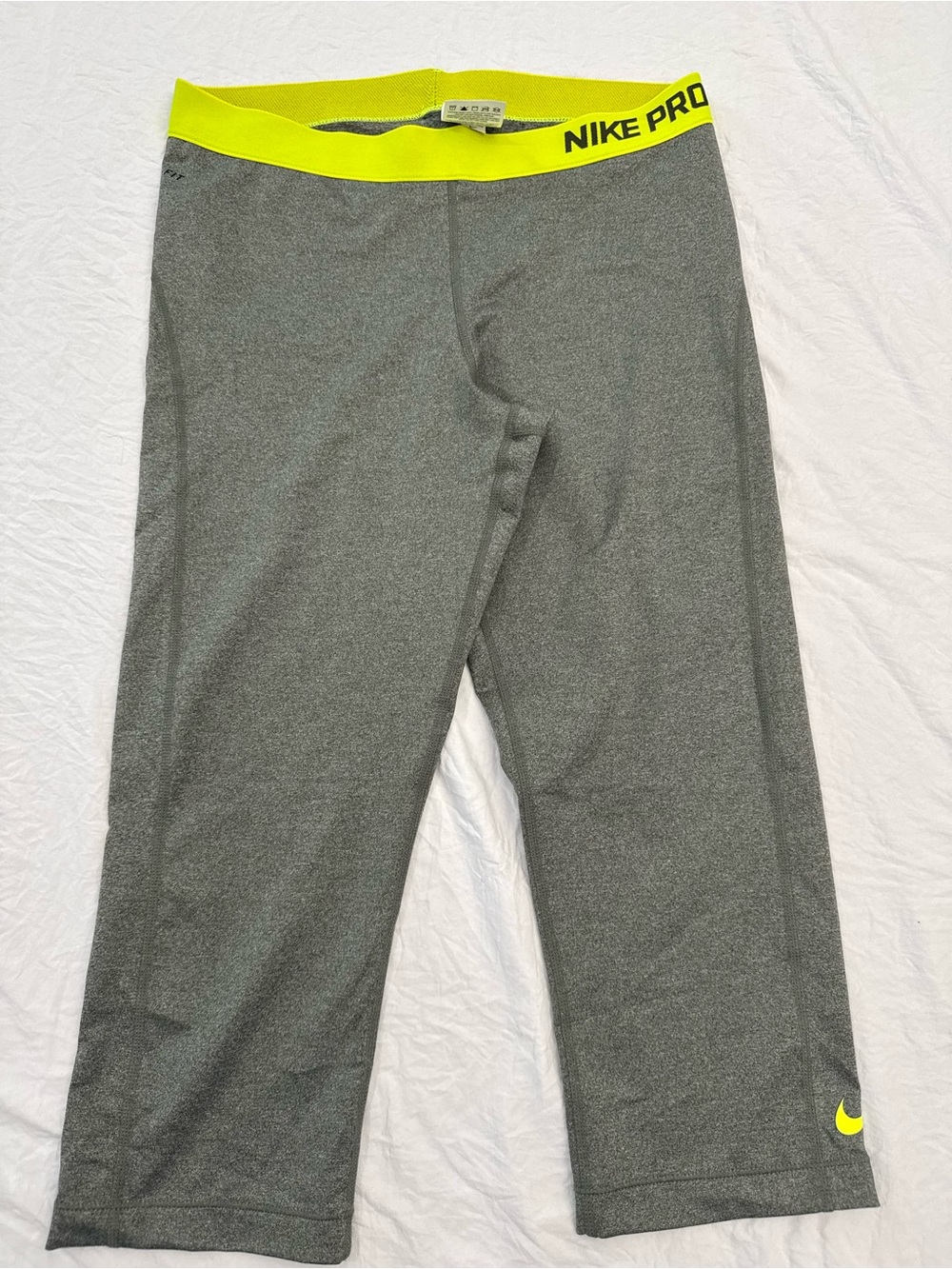 Nike Gray Capri Leggings with Neon Yellow Waistband